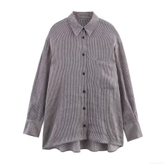 Women's Casual Linen Blend Striped Long Sleeve Button Down Shirt Loose Fit Lapel Blouse With Pocket For Office Work Daily Wear