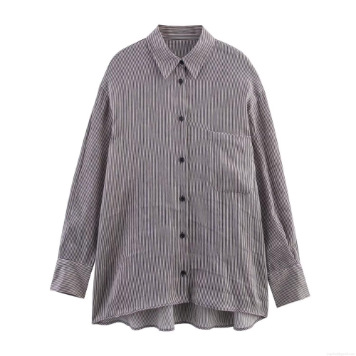 Women's Casual Linen Blend Striped Long Sleeve Button Down Shirt Loose Fit Lapel Blouse With Pocket For Office Work Daily Wear