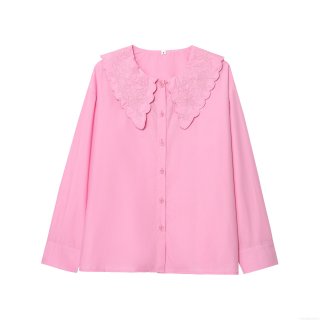 Women's Elegant 100% Polyester Embroidered Large Scalloped Collar Blouse Fashion Casual Loose Long Sleeve Button Down Shirt For Women