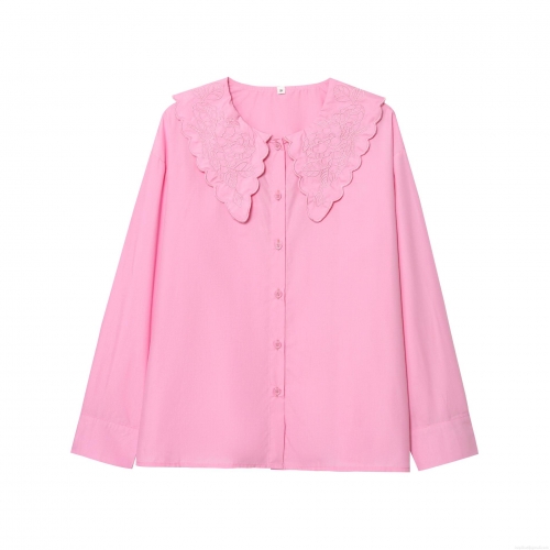 Women's Elegant 100% Polyester Embroidered Large Scalloped Collar Blouse Fashion Casual Loose Long Sleeve Button Down Shirt For Women