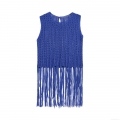 Women's Royal Blue Crochet Knit Vest Top With Long Fringe Sleeveless Round Neck Pullover Cropped Tank Top For Summer Vacation Party Chic Tops