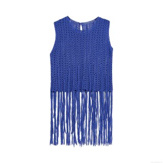 Women's Royal Blue Crochet Knit Vest Top With Long Fringe Sleeveless Round Neck Pullover Cropped Tank Top For Summer Vacation Party Chic Tops