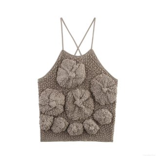 Women's Sexy Halter Neck Knit Tank Top With 3D Flowers Backless Criss-Cross Straps Popcorn Pleated Cropped Camisole For Women Party Streetwear