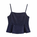 Women's Dark Blue Washed Denim Camisole Top Sexy Spaghetti Strap Crop Top With Bows And Peplum Hem Casual Streetwear Summer Tank Top For Women