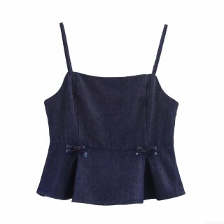 Women's Dark Blue Washed Denim Camisole Top Sexy Spaghetti Strap Crop Top With Bows And Peplum Hem Casual Streetwear Summer Tank Top For Women