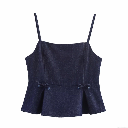 Women's Dark Blue Washed Denim Camisole Top Sexy Spaghetti Strap Crop Top With Bows And Peplum Hem Casual Streetwear Summer Tank Top For Women