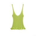 Women's Sexy V-Neck Hollow Out Knit Camisole Ruffle Hem Sleeveless Crop Top Summer Beach Mesh Tank Top Acrylic Spandex