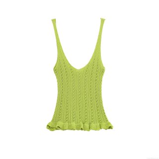 Women's Sexy V-Neck Hollow Out Knit Camisole Ruffle Hem Sleeveless Crop Top Summer Beach Mesh Tank Top Acrylic Spandex