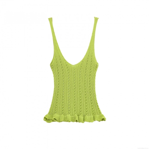 Women's Sexy V-Neck Hollow Out Knit Camisole Ruffle Hem Sleeveless Crop Top Summer Beach Mesh Tank Top Acrylic Spandex