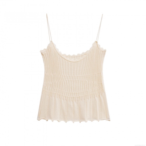 Women's Sexy Ribbed Knitted Camisole With Lace Trim V-Neck Spaghetti Strap Tank Top Lettuce Edge Sleeveless Vest For Summer Casual Streetwear