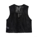 Women Sexy Black See-through Lace Embroidery Tank Top V-neck Button Down Sleeveless Mesh Shirt Floral Paisley Cami Top For Summer Party Dating Clubwear