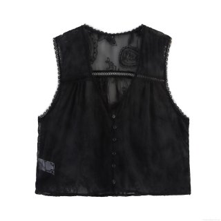 Women Sexy Black See-through Lace Embroidery Tank Top V-neck Button Down Sleeveless Mesh Shirt Floral Paisley Cami Top For Summer Party Dating Clubwear