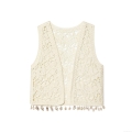 Women Vintage Crochet Knit Vest Off-White Hollow Out Shell Tassel Sleeveless Cardigan Top Bohemian Style Cotton Blend Waistcoat for Summer Beach Vacation