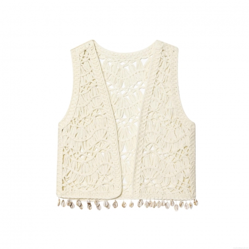 Women Vintage Crochet Knit Vest Off-White Hollow Out Shell Tassel Sleeveless Cardigan Top Bohemian Style Cotton Blend Waistcoat for Summer Beach Vacation