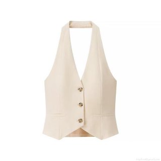 Apricot Elegant French Style Slim Fit Halter Neck Vest Women's Sleeveless Polyester Button Decor Tank Top Clubwear Party Crop Top