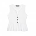 Elegant White Peplum Knit Tank Top Sleeveless V Neck With Silver Metal Buttons Slim Fit Waist Ruffle Blouse For Women Party Casual Chic Commuting