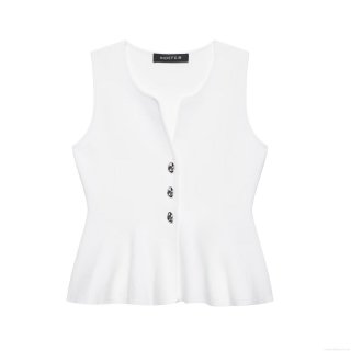 Elegant White Peplum Knit Tank Top Sleeveless V Neck With Silver Metal Buttons Slim Fit Waist Ruffle Blouse For Women Party Casual Chic Commuting