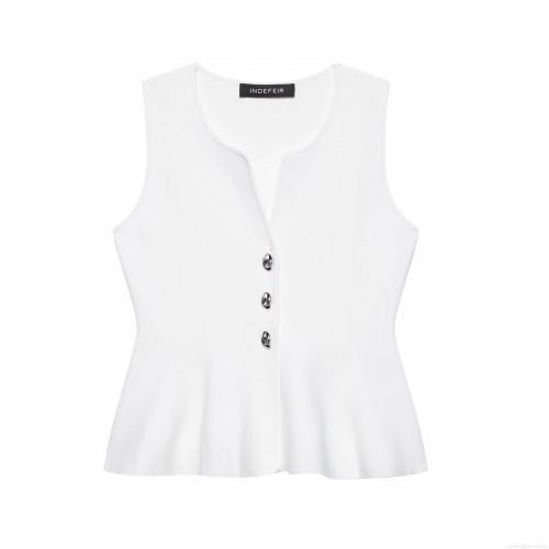 Elegant White Peplum Knit Tank Top Sleeveless V Neck With Silver Metal Buttons Slim Fit Waist Ruffle Blouse For Women Party Casual Chic Commuting