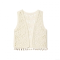 Women's Bohemian Crochet Knit Vest Hollow Out Shell Trim V-Neck Sleeveless Cardigan Almond Summer Beach Vacation Crochet Waistcoat for Women