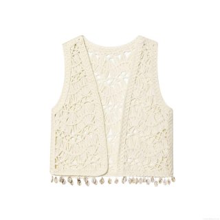Women's Bohemian Crochet Knit Vest Hollow Out Shell Trim V-Neck Sleeveless Cardigan Almond Summer Beach Vacation Crochet Waistcoat for Women