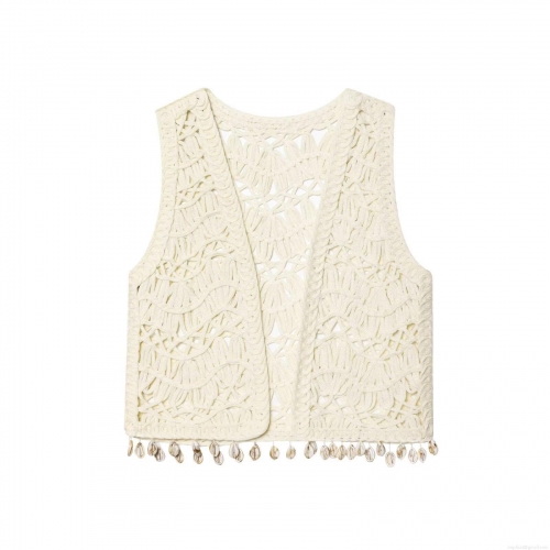 Women's Bohemian Crochet Knit Vest Hollow Out Shell Trim V-Neck Sleeveless Cardigan Almond Summer Beach Vacation Crochet Waistcoat for Women