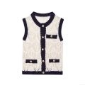 Women's Elegant Knitted Vest Heart Hollow Contrast Trim Sleeveless Top With Gold Buttons Vintage Cream Navy Cardigan For Daily Wear
