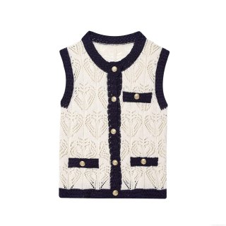 Women's Elegant Knitted Vest Heart Hollow Contrast Trim Sleeveless Top With Gold Buttons Vintage Cream Navy Cardigan For Daily Wear