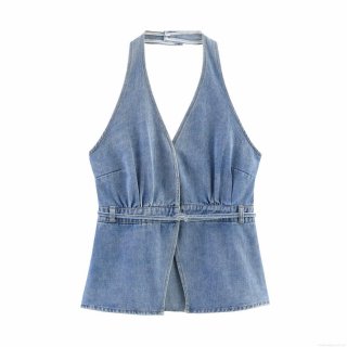 Women's Sexy Halter Backless Denim Top Slim Fit Deep V Neck Sleeveless Tank Top With Waist Buckle Detail For Party Club Summer Streetwear