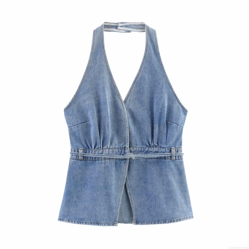 Women's Sexy Halter Backless Denim Top Slim Fit Deep V Neck Sleeveless Tank Top With Waist Buckle Detail For Party Club Summer Streetwear