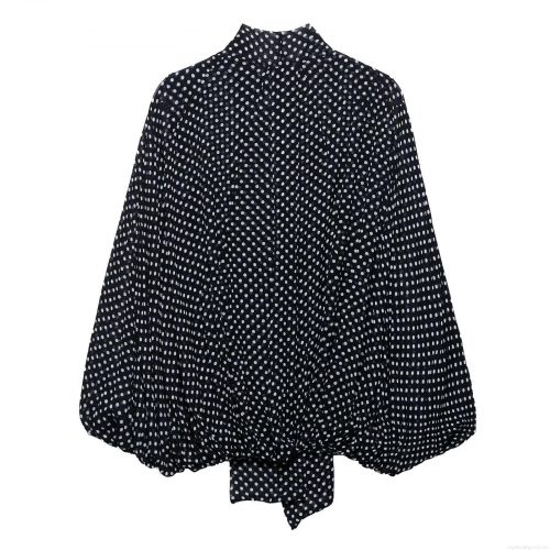 Women's French Retro Polka Dot Chiffon Blouse Long Lantern Sleeve Tie-Neck Bow Shirt Elegant Commuter Tops For Women Office Wear