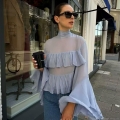 Women's Elegant Light Blue Ruffle Layered Shirt Long Flare Sleeve Stand Collar Chiffon Blouse Streetwear Sweet Lady Style Fashion Tops