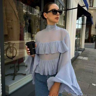 Women's Elegant Light Blue Ruffle Layered Shirt Long Flare Sleeve Stand Collar Chiffon Blouse Streetwear Sweet Lady Style Fashion Tops
