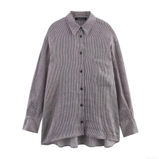 Women's Striped Long Sleeve Button Down Shirt Casual Linen Blend Blouse With Front Pocket Lapel Collar Classic Striped Top For Office Lady Daily Wear