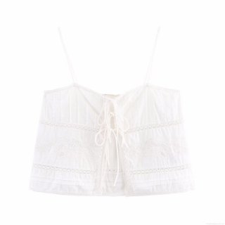 Women Sexy White Lace Embroidery Camisole Hollow Out Cropped Tank Top With Front Tie Thin Straps Acrylic Spandex Summer Street Style Cami