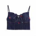 Women's Denim Cherry Embroidery Camisole Adjustable Strap Crop Top Sweetheart Neck Bow Tie Sexy Summer Streetwear Sleeveless Top