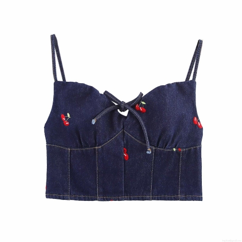 Women's Denim Cherry Embroidery Camisole Adjustable Strap Crop Top Sweetheart Neck Bow Tie Sexy Summer Streetwear Sleeveless Top