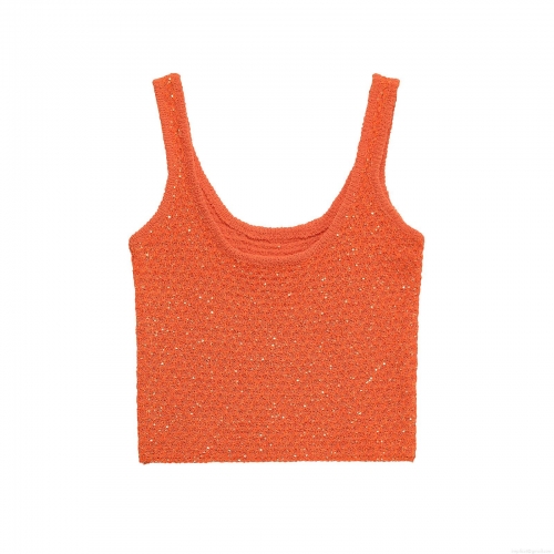 Women's Fashion Sequin Decorated Knit Sleeveless Tank Top Sexy Slim Fit U-Neck Crop Top For Party Vacation INS Style Lady