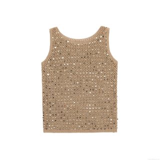Sexy Sequin Crochet Knit Vest Top For Women Hollow Out Sleeveless Slim Fit Party Club Camisole Champagne Gold Shrug Lightweight Summer Blouse