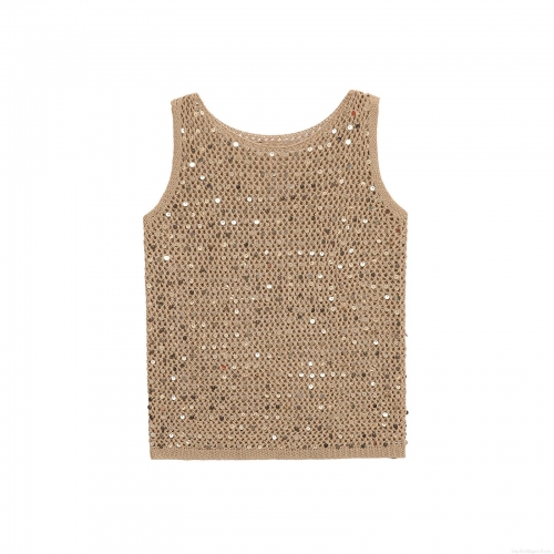Sexy Sequin Crochet Knit Vest Top For Women Hollow Out Sleeveless Slim Fit Party Club Camisole Champagne Gold Shrug Lightweight Summer Blouse