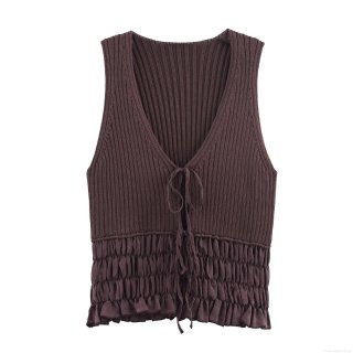Women's Sexy Ruffle Knit Tank Top V Neck Tie Up Front Ribbed Patchwork Slim Fit Sleeveless Crop Top For Women INS Style Coffee