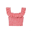 Sexy Gingham Smocked Crop Top Women Ruffle Straps Square Neck Polyester Sleeveless Tank Top Sweet French Style Summer Cami For Vacation