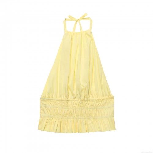 Women's Summer Halter Neck Top Polyester Smocking Elastic Waist Ruffle Hem Sleeveless Sexy Backless Slim Fit Blouse For Casual Beach Party Lady