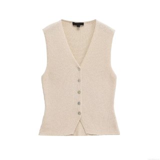 Women Knitted V-Neck Button Down Vest Sleeveless Solid Color Ribbed Tank Top Elegant Slim Fit Casual Waistcoat For Ladies Spring Autumn Fashion