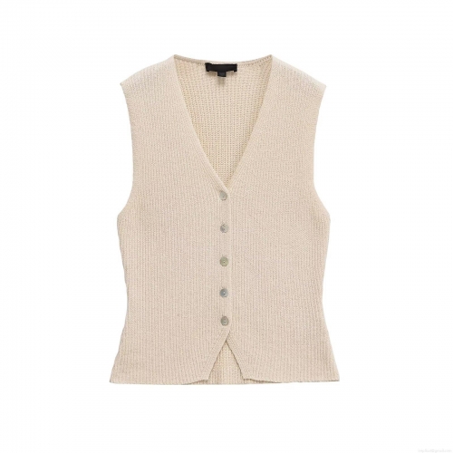 Women Knitted V-Neck Button Down Vest Sleeveless Solid Color Ribbed Tank Top Elegant Slim Fit Casual Waistcoat For Ladies Spring Autumn Fashion