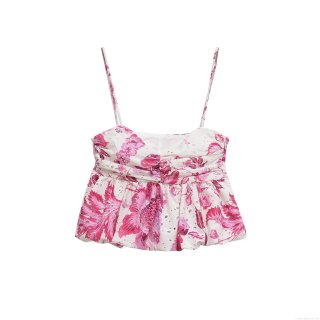 Women's Floral Eyelet Embroidery Camisole Top Ruched Hem Adjustable Spaghetti Strap Cropped Bustier Sweet Spicy Style Polyester Summer Top