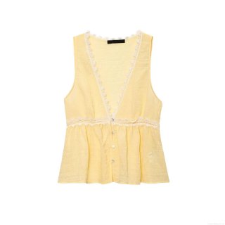 Women's Elegant V Neck Lace Trim Sleeveless Top Sweet Polyester Blend Button Front Hollow Out Patchwork Ruffle Hem Cami Tank Top