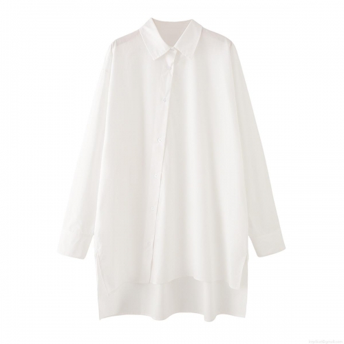 Women's 100% Cotton Poplin Long Sleeve Shirt Oversized Irregular Hem Side Split Button Down Blouse Top For Casual Daily Fashion
