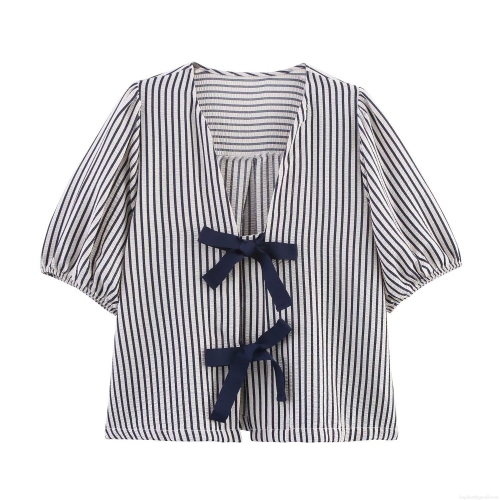 Women Blue White Striped Seersucker Blouse Polyester Short Lantern Sleeve V-Neck Double Bow Tie Casual Sweet Summer Tops For Women Shirt