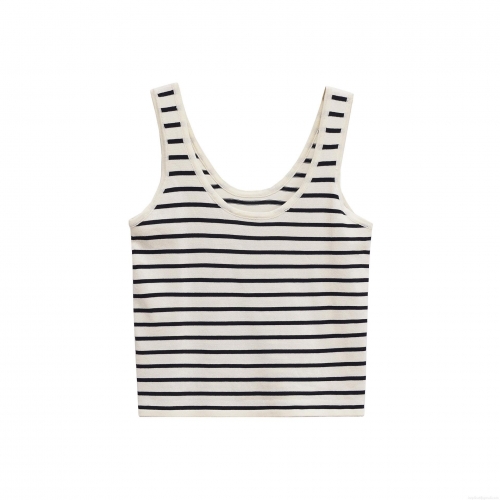 Women's Striped Knit Tank Top Slim Fit U-Neck Sleeveless Mercerized Cotton Blend Ribbed Crop Top For Summer Casual Daily Wear