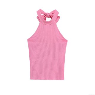 Women's Sexy Halter Neck Knitted Ribbed Tank Top With Bow-knot Elegant Slim Fit Cropped Camisole For Party Dating Summer Socialite Style Sleeveless Top